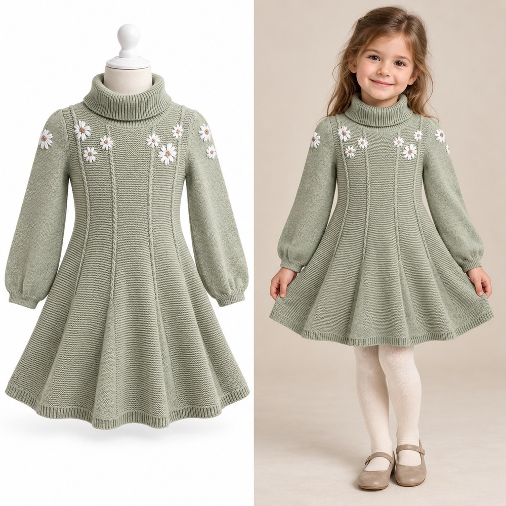 Cupcakes and Cashmere Girls XS 4 Sage Green Daisy Embroidered Turtleneck Dress
